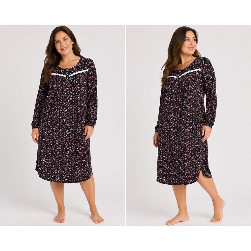 Secret Treasures Womens XL Black Floral Long Sleeve Nightgown Lace Trim 29300054